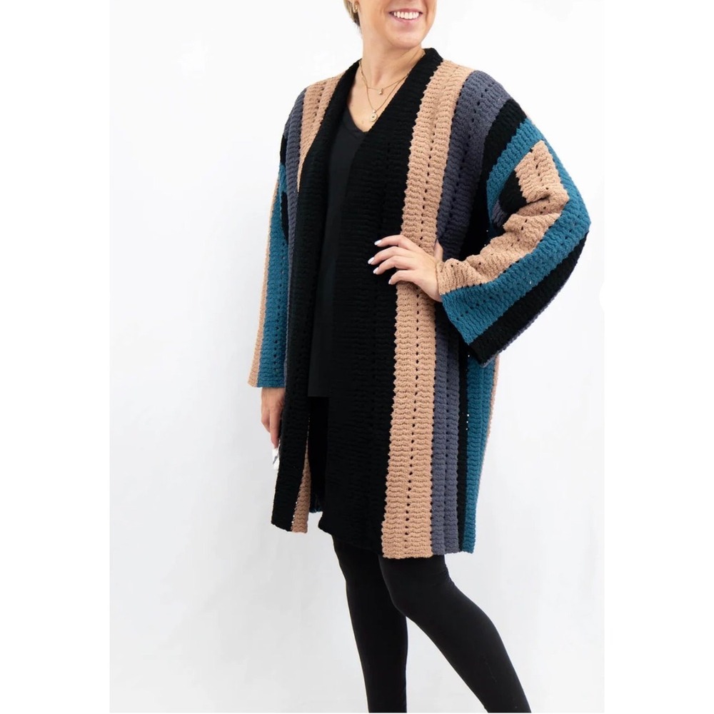 POL Womens Crochet Striped Open Front Cardigan Black Tan Blue Chunky Oversized S